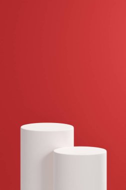 Beyaz üzerine çift yuvarlak tüp podyum, ateş tuğlası arkaplan rengi, 2 farklı tüp boyunda..