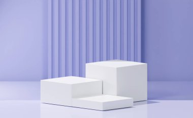 3D yorumlama konsepti. Değişen yüksekliklere sahip 3 beyaz küp kutu, menekşe arkaplan, çizgili kabartmalı desen arkaplan
