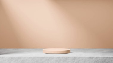 Çimentoda izole edilmiş turuncu şeftali podyumu, arka planda güneş ışınları ışığı, turuncu şeftali arkaplan, ürün değiştirme