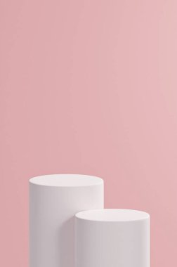 Açık somon pembe zemin üzerine çift beyaz yuvarlak podyumlar, 3 boyutlu ürün yerleştirme