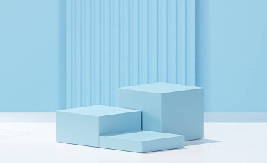 3D oluşturulmuş 3 küp ay taşı mavi renk, beyaz baz rengi ve açık mavi gökyüzü arkaplanı