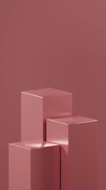 Hint kırmızısı renklerinde farklı boyutlarda 3 küp podyumu Hint kırmızı arka planının önünde düzenlenir. Metalik parlak küpler