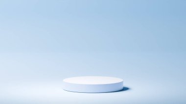 Yatay açık mavi arkaplan, izole edilmiş beyaz yuvarlak taban, açık mavi renk paleti, ürün yerleştirme, arka plan renk paleti. yuvarlak podyum görüntüsü
