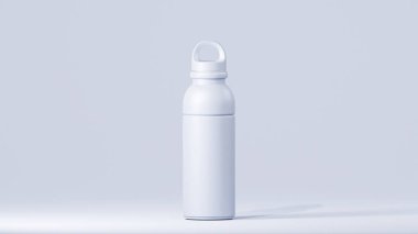 Modern tasarımı olan spor içeceği şişesi, yumuşak mavi kapaklı, yumuşak mavi arka planda duran yumuşak mavi bardak. izole edilmiş taklacı