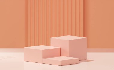 3 boyutlu, canlı mandalina renginde, açık mandalina tabanlı ve soyulmuş mercan arkaplanlı 3 küp.