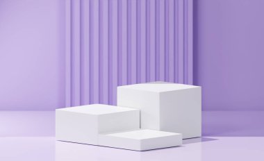 3D yorumlama konsepti. Değişen yüksekliklere sahip 3 beyaz küp kutu, orta mor arkaplan, çizgili kabartmalı desen arkaplan