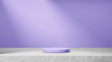 Çimentoda izole edilmiş yumuşak mor podyum. Arka planda güneş ışığı, yumuşak mor arka plan, ürün değişimi.