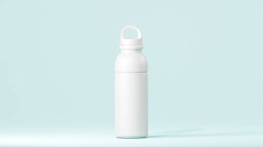 Modern tasarımı olan spor içeceği şişesi, lavanta kapaklı lavanta bardak, açık renkli arka planda durun.