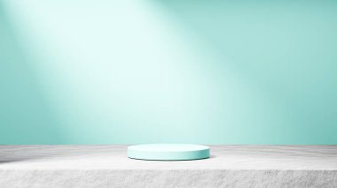 Arka planda güneş ışığı, soluk masmavi arkaplan, ürün değişimi olan çimento üzerine izole soluk masmavi bir podyum