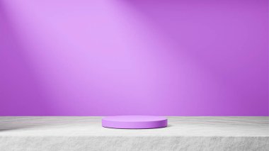 Çimentoda yalıtılmış leylak podyumu, arka planda güneş ışınları ışığı, eflatun arkaplan, ürün değiştirme.