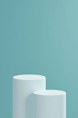 Safir arka plan rengi, 2 beyaz yuvarlak tüp podyum, safir renk paleti, ürün yerleştirme, safir arka plan renk paleti. 2 tüp podyum