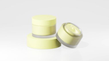 2 paket sarı krem rengi krema şişeleri, sarı krema podyumunda esrar kremi şişeleri, beyaz arka planda izole edilmiş ot kremi şişeleri.