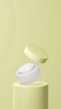 İzole edilmiş yüzen ot kremi, soluk limon tüpü podyumunda yüzen esrar kremi, beyaz krema.