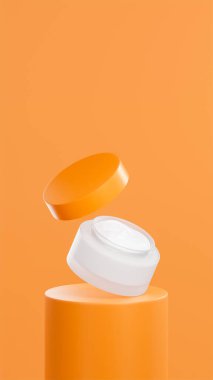 İzole edilmiş beyaz ot kremi, mandalina tüpü podyumunda yüzen esrar kremi, mandalina kapaklı yüzen ot kremi, mandalina arka planı..