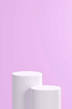 Şampuan duvarı arka planı, çift beyaz yuvarlak tüpler podyum, şampuan rengi palet, 3 boyutlu.