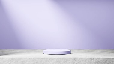 Çimentoda izole edilmiş yumuşak lavanta podyumu, arka planda güneş ışınları ışığı, yumuşak lavanta arkaplan, ürün değişimi