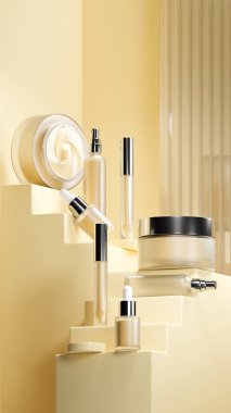 Açık bir kozmetik seti içinde Pale Peach renkli sıvı krem var. Cilt bakımı soluk şeftali renkli bir merdiven şeklinde. metalik kapak