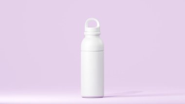 Modern tasarımı olan içki şişesi, beyaz kapaklı beyaz bardak, lavanta arka planında durun.