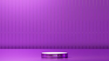 3D parlak mor podyum, altın çizgili, 3D obje podyumu, parlak mor podyum üzerinde beyaz podyum, altın dikey direkli parlak mor zemin