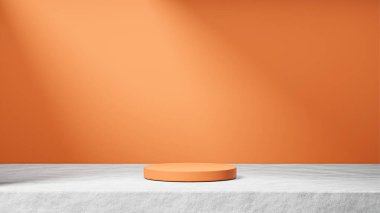 Mandalina podyumu çimento üzerine izole edilmiş. Arka planda güneş ışınları var. Mandalina arka planda.