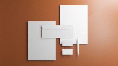 Bir kırtasiye setinin 3 boyutlu şablonu. Başlık, kartvizitler, zarf, kalem, klasör ve White 'ın kartviziti. Bronz Turuncu Arkaplan rengi