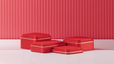 Kavisli köşeli, küp şeklinde bir podyumun 3 boyutlu görüntüsü. Metalik İmparatorluk gölgeli 4 küp podyum. Ürün değişimi için podyum şablonu