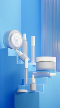 Beyaz kozmetik seti ve içinde beyaz sıvı krem. Gök Ejderhası renkli merdiven şeklinde bir merdivene yerleştirilmiş. Matte Beyaz kapağı