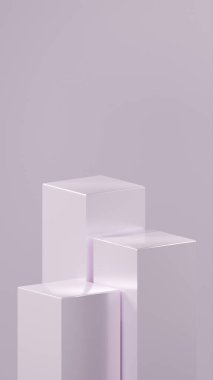 Orkide Buzu renginde farklı boyutlarda 3 küp podyum Orkide Buzu renkli bir arka plan önünde düzenlenir. Metalik parlak küpler