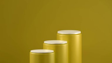 Üç Mısır renkli silindirik podyum yatay sırada dizilmiştir. Mısır renkli metalik podyumun basamakları