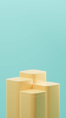 Yuvarlak köşeli 4 dikdörtgen podyum. Limon sarısı renkli lüks küp podyumları. Kabarcık Mavi arkaplan üzerine rastgele dizilmiş 4 podyum