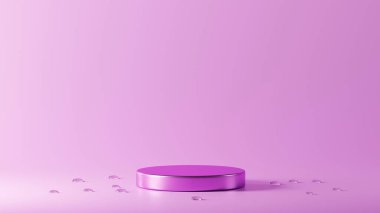 Lavanta Magenta 'nın izole edilmiş parlak podyumu. Lavanta Magenta renkli arka planda. Etrafında su damlaları var.