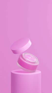 İzole edilmiş parlak pembe esrar kremi, parlak pembe bir podyumda yüzen esrar kremi, parlak pembe kapaklı, parlak pembe arka planlı yüzen esrar kremi.