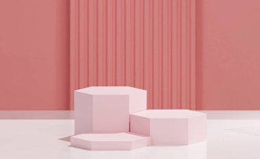 3D oluşturulmuş beyaz renkte 3 altıgen tabanlı, soyulmuş somon rengi gül arkaplanı.