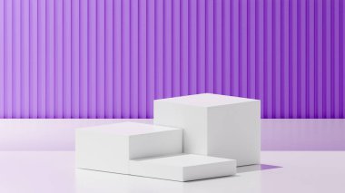 Beyaz taban renginde beyaz renkte 3 küp. Soyunmuş mor arkaplan üzerinde 3 küp podyum
