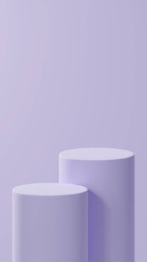 Leylak renginde çift yatay podyumlar, Leylak arka planının üzerine yerleştirilmiş. Fotoğraf: Stüdyo 2 Podyum