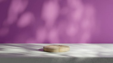 Orkide Fısıltısı arkaplanının üzerine yuvarlak ahşap bir podyum yerleştiriliyor. Yaprakların doğal gölgeleriyle aydınlatma