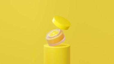 İzole edilmiş orta sarı esrar kremi, orta sarı tüp podyumda yüzen esrar kremi, orta sarı kapaklı, orta sarı arka planda yüzen esrar kremi.