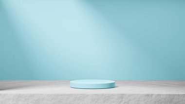 Beton üzerine izole toz mavi podyum. Arka planda güneş ışığı, toz mavi arkaplan, ürün değiştirme