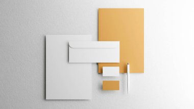 Bir kırtasiye setinin 3 boyutlu şablonu. Harf başlığı, kartvizitler, zarf ve kalem White 'a. Klasör ve Marigold Orange 'a bir kartvizit. beyaz kağıt tabanı