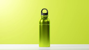 Metalik Armut Yeşili kapağı ve Armut Yeşili kapağı olan modern, parlak bir içki şişesi. Beyaz taban