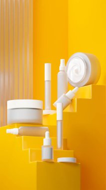 Beyaz kozmetik seti ve içinde beyaz sıvı krem. Kehribar turuncu merdiven şeklinde bir merdivene yerleştirilmiş. Matte Beyaz kapağı