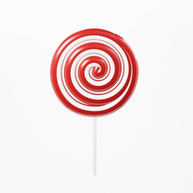 Beyaz zemin üzerinde kırmızı ve beyaz spiral desenli 3 boyutlu kıvrımlı lolipop şekeri. Ön görünüm oluşturucu