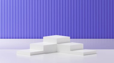 Beyaz üste iki taraflı bir Beyaz Küp kürsüsü. İris mavisi dikdörtgen desenli bir arka plan