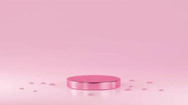 Kiraz çiçeği renkli, parlak podyum kiraz çiçeği renkli arka planda, etrafında su damlaları var.