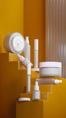 Beyaz kozmetik seti ve içinde beyaz sıvı krem. Bal rengi merdiven şeklinde bir merdivene yerleştirilmiş. Matte Beyaz kapağı