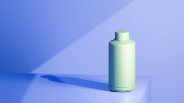 yeşil turkuaz renkli içecek şişesi bir çiçek masasına yerleştirilmiş, bir çiçek arkaplanının önüne yerleştirilmiş, parlak renklerle fütüristik fotoğraf konsepti