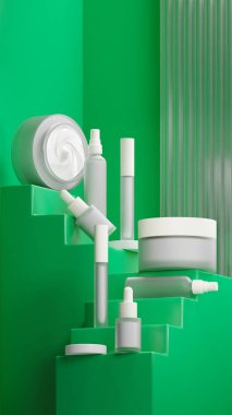 Beyaz kozmetik seti ve içinde beyaz sıvı krem. Muhabbet kuşu renkli merdiven şeklinde bir merdivene yerleştirilmiş. Matte Beyaz kapağı