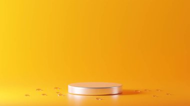Isolated Metallic Silver podium placed on Amber background with water drops around it.