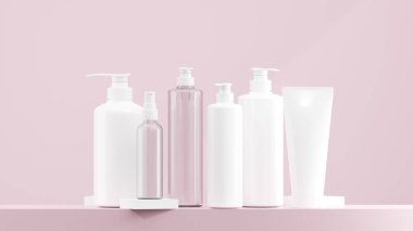 Beyaz losyon, sprey ve pompa şişesi. Beyaz şapkalı temiz losyon şişesi. Değişik boyutlarda losyon şişeleri yumuşak pembe arka planlı pembe taban giyerler.