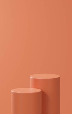 Portakallı kavun renginde çift yatay podyum. Turuncu kavun arkaplanının üzerine yerleştirilmiş. Stüdyoda 2 Podyumun Fotoğrafı